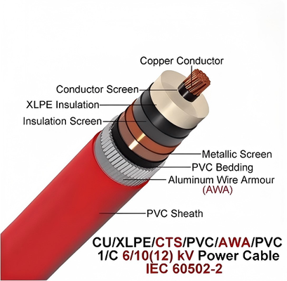 6/10kv सिंगल कॉपर कोर एल्यूमीनियम तार बख्तरबंद केबल CU/XLPE/CTS/PVCAWA/PVC 1x630mm2 IEC60502-2